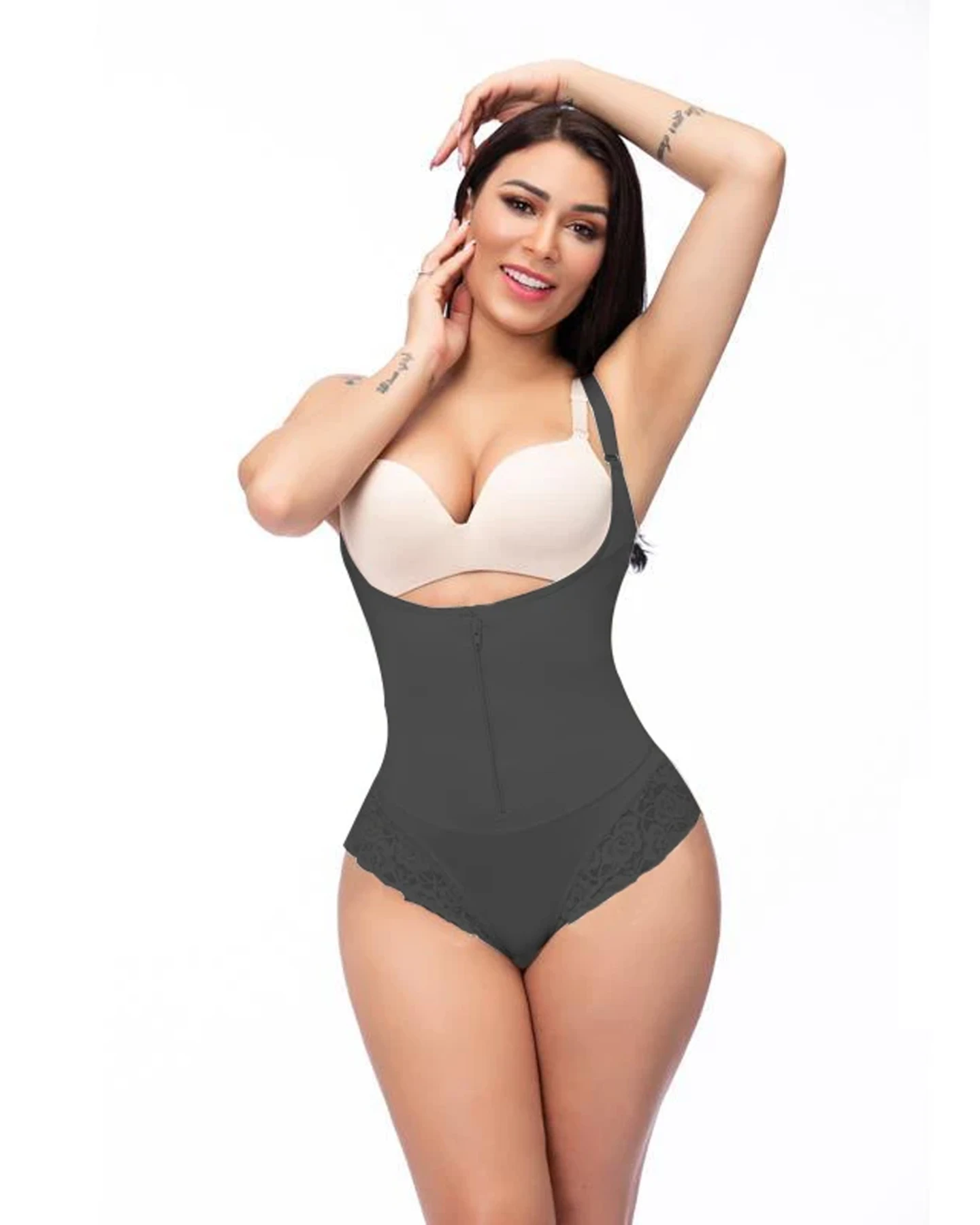 Women Shapewear Bodysuit Straps Tummy Control Waist Trainer Cincher Zipper Body Shaper Lace Fajas
