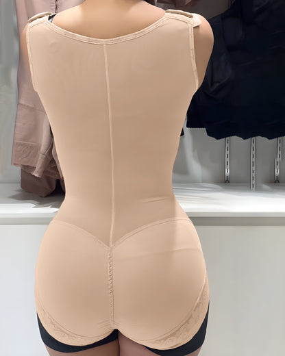 Short One-Piece Eye N Hook Shapewear With Wide Straps Tummy Control Fajas Butt-Lifting Slimming Bodysuit