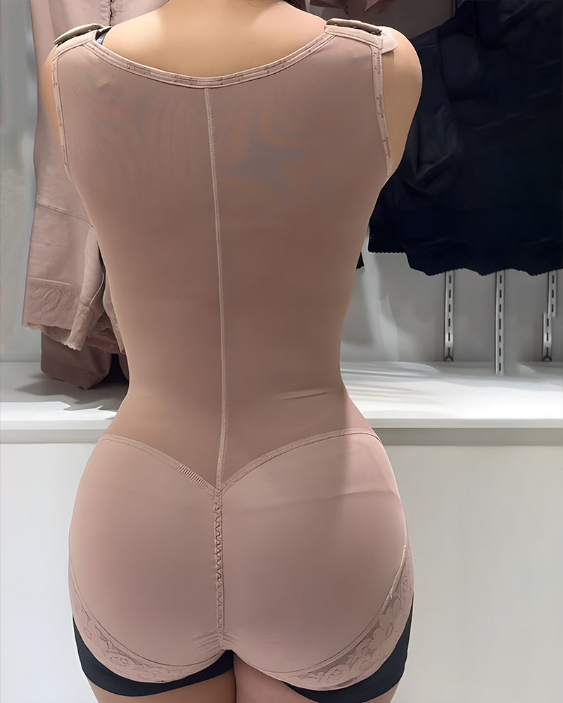 Short One-Piece Eye N Hook Shapewear With Wide Straps Tummy Control Fajas Butt-Lifting Slimming Bodysuit