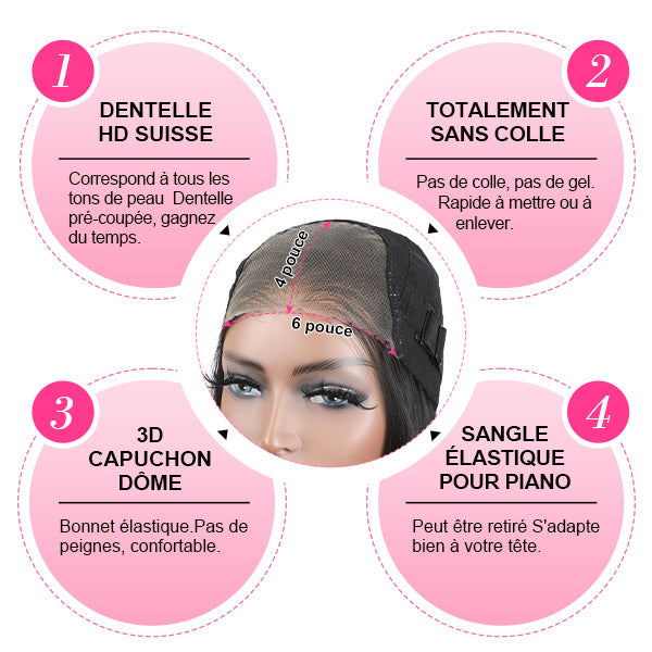 Perruques en dentelle suisse HD sans colle, à porter et part, avec fermeture 4x6 en cheveux humains et densité de 180% 