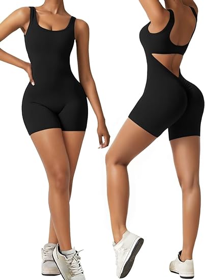 Women Sexy Backless One Piece Jumpsuit Shorts Sleeveless Tummy Control V Back Scrunch Bodycon Romper