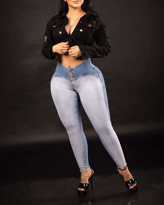 Double Color High Waist Skinny Stretch Jeans