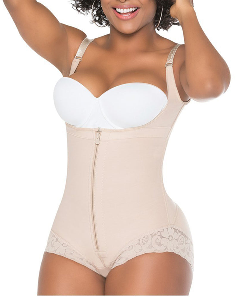Women Shapewear Bodysuit Straps Tummy Control Waist Trainer Cincher Zipper Body Shaper Lace Fajas