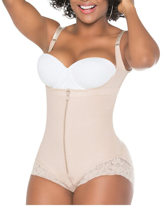 Women Shapewear Bodysuit Straps Tummy Control Waist Trainer Cincher Zipper Body Shaper Lace Fajas