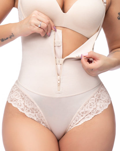 Women Shapewear Bodysuit Straps Tummy Control Waist Trainer Cincher Zipper Body Shaper Lace Fajas