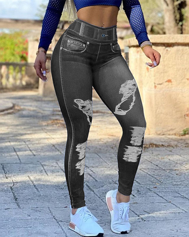 Leggings de mezclilla sintética con cintura alta y gran elasticidad 