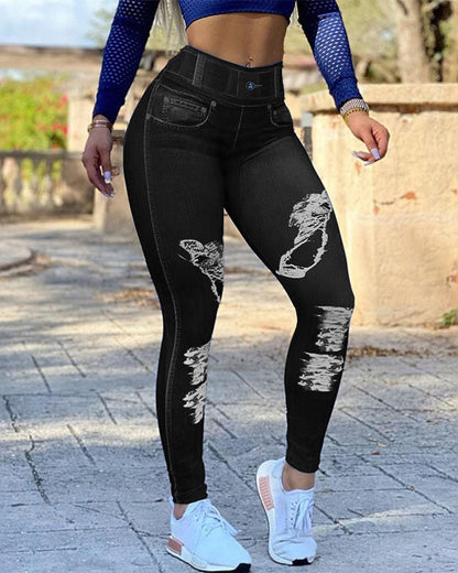 Leggings de mezclilla sintética con cintura alta y gran elasticidad 