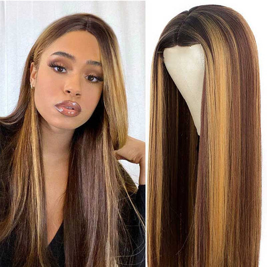 Straight Highlight Mixed Blonde Synthetic Wigs for Women Middle Part Wig Heat Resistant Fiber Wig