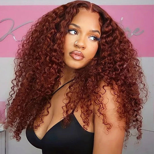 Reddish Brown Water Wave Curly Hair Wear Go Wigs Pre-Cut HD Lace Glueless Wigs