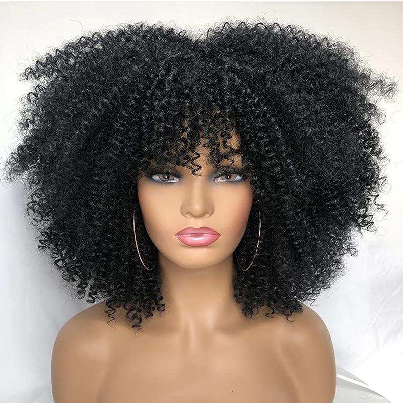 Peluca afro rizada de pelo corto negro natural de 14 pulgadas con flequillo para mujeres negras, peluca sintética de Lolita para cosplay