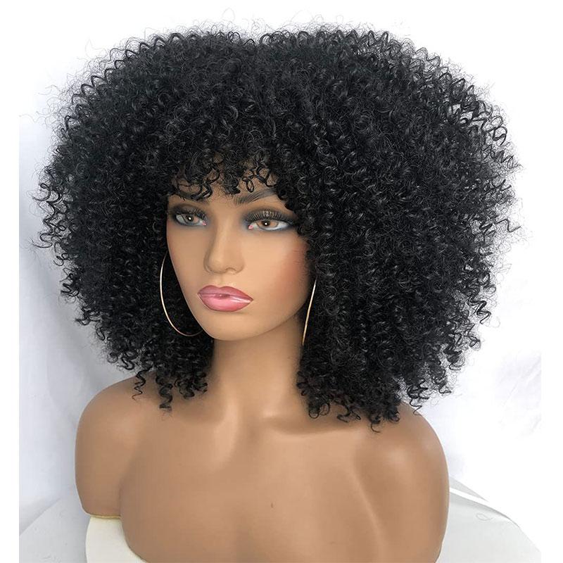 Peluca afro rizada de pelo corto negro natural de 14 pulgadas con flequillo para mujeres negras, peluca sintética de Lolita para cosplay