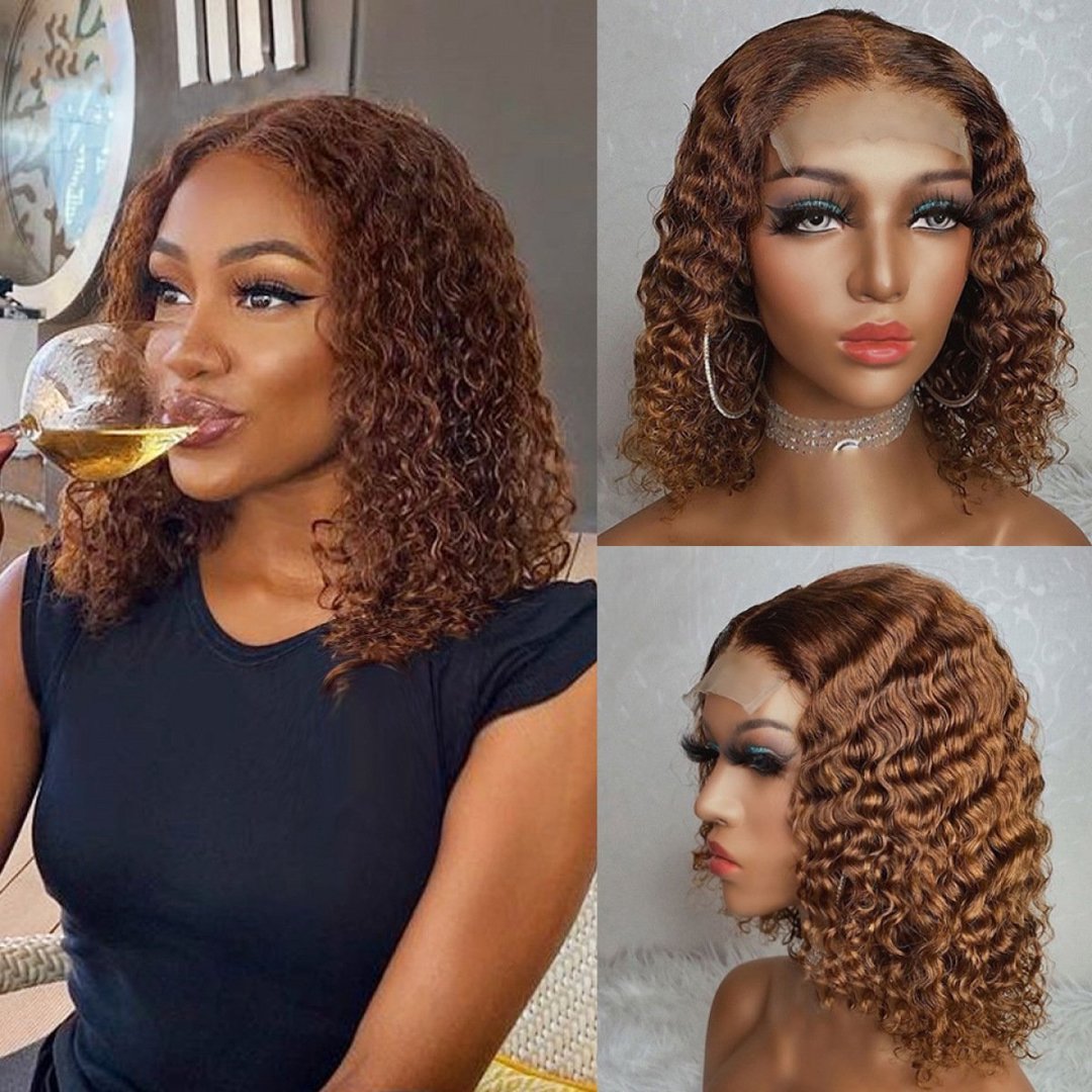 Nueva peluca rizada corta de color castaño claro con corte bob y cabello mediano 