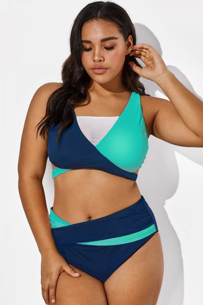 Colorblock Fashion Mesh V-Neck Wrap Bikini Top