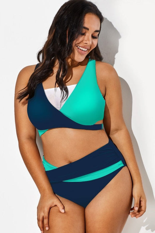 Colorblock Fashion Mesh V-Neck Wrap Bikini Top