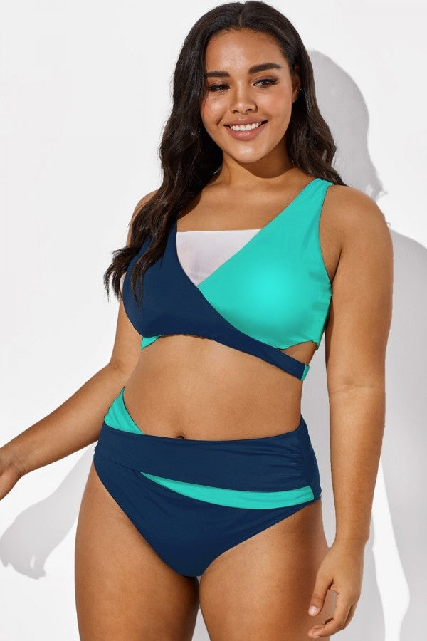 Colorblock Fashion Mesh V-Neck Wrap Bikini Top