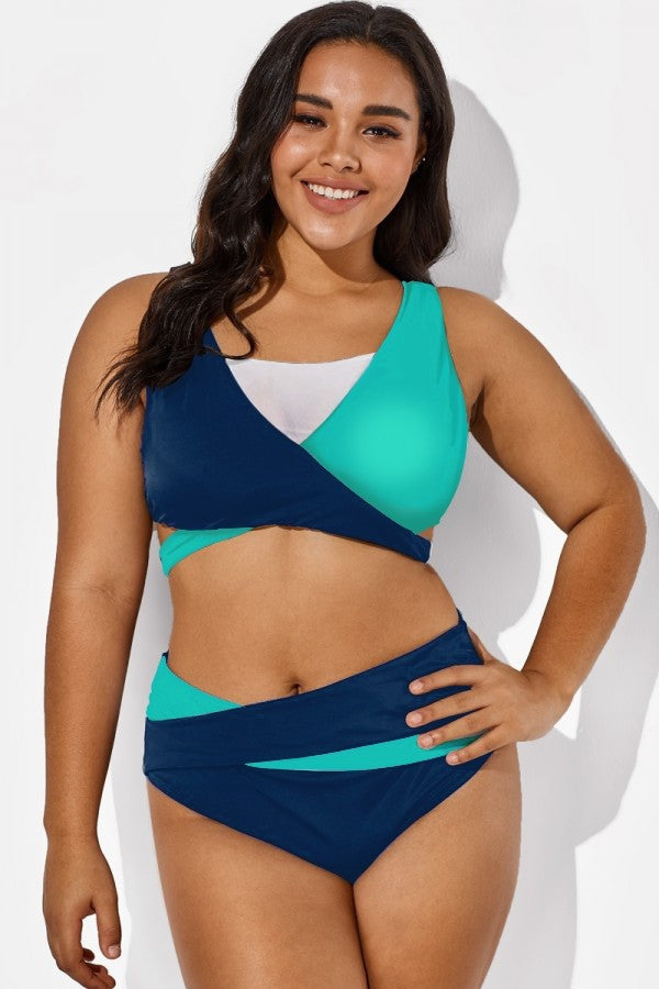 Colorblock Fashion Mesh V-Neck Wrap Bikini Top