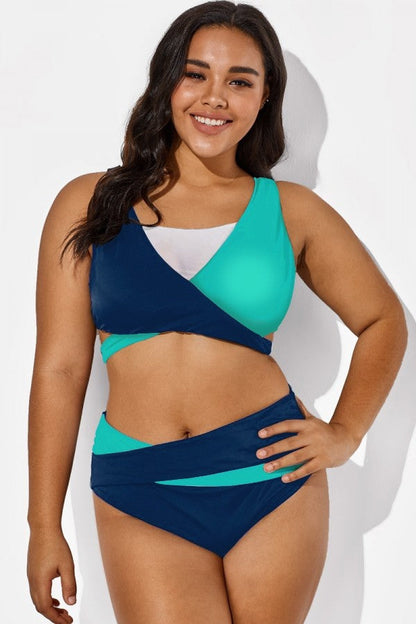 Colorblock Fashion Mesh V-Neck Wrap Bikini Top