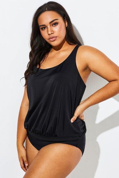 Black Racerback Tummy Control Blouson Tankini Set