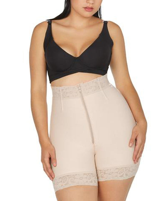 Women High Waist Hip Enhancer Cincher Butt Lifter Zipper Shapewear Lace Tummy Control Panties Shaper Breathable Fabric Front Closure