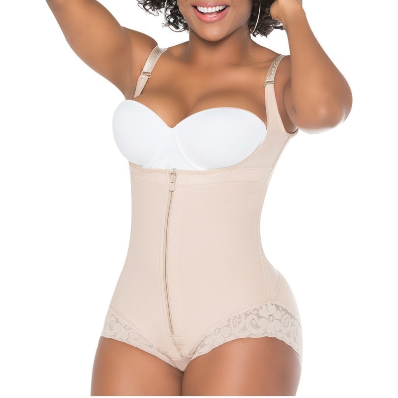 Women Shapewear Bodysuit Straps Tummy Control Waist Trainer Cincher Zipper Body Shaper Lace Fajas