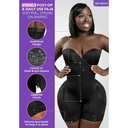 Stage 3 Faja Post-Op Faja Colombiana Strapless with Perfect Hourglass Fit, 3 Compression Hook Levels, and Built-in Rods for Posture Support - Fabric