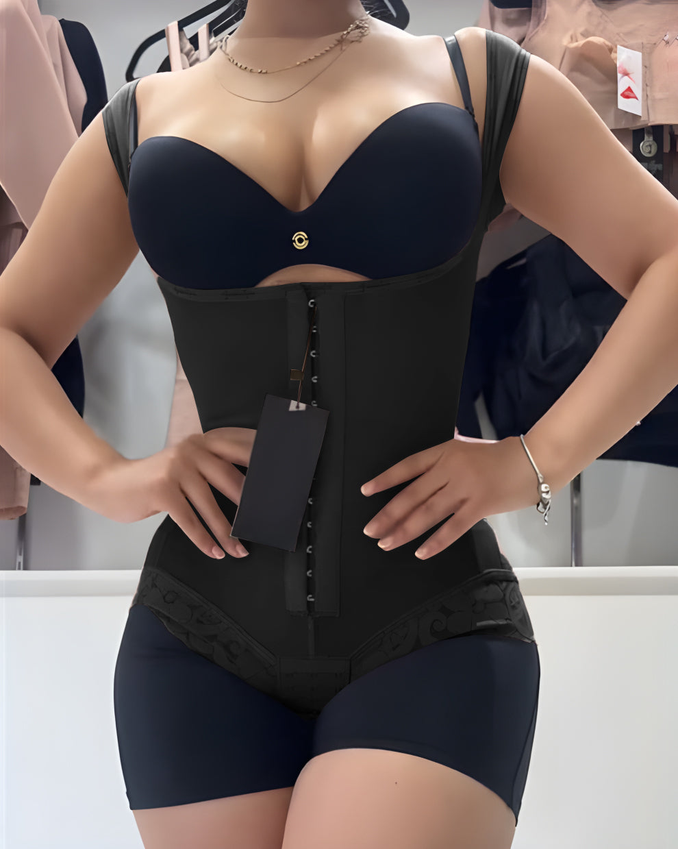 Short One-Piece Eye N Hook Shapewear With Wide Straps Tummy Control Fajas Butt-Lifting Slimming Bodysuit