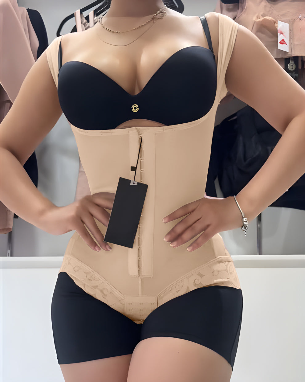 Short One-Piece Eye N Hook Shapewear With Wide Straps Tummy Control Fajas Butt-Lifting Slimming Bodysuit